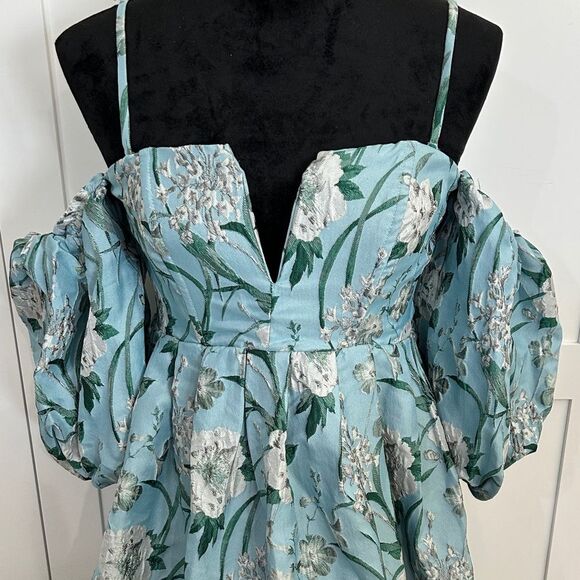 Ina - Aqua Blue Elegant Floral Puff Sleeve Dress - M - NWT - Picture 4 of 10